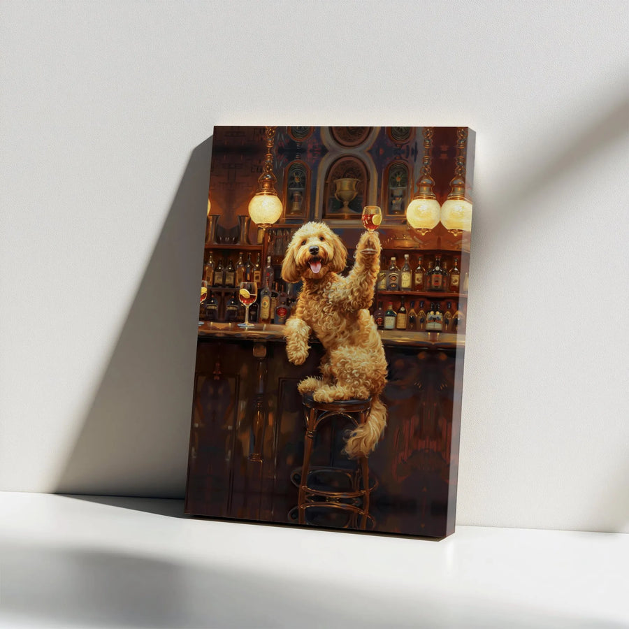 Goldendoodle Dog Canvas Art | Funny Pub Bar Scene Toast | Premium Gallery Wrap Wall Decor | Unique Gift for Dog Lovers