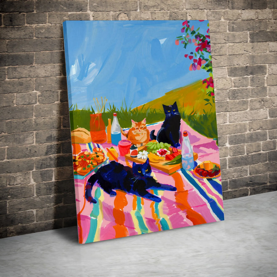 Cat Picnic Wall Art | Colorful Impressionist Style Painting | Premium 1.25-Inch Gallery Canvas | Cute Animal Decor Gift for Cat Lovers