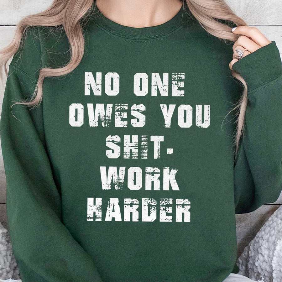 No One Owes You Shit Work Harder Sweatshirt | Motivational Graphic Pullover | Premium Cotton Blend | Hustle Culture Apparel For Men And Women