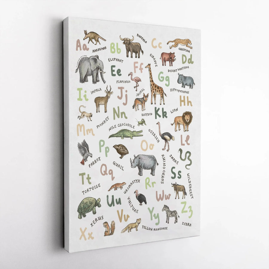 Animal Alphabet Wall Art | Watercolor Safari Nursery Decor | Premium Gallery Wrap Canvas | Educational Kids Room Gift