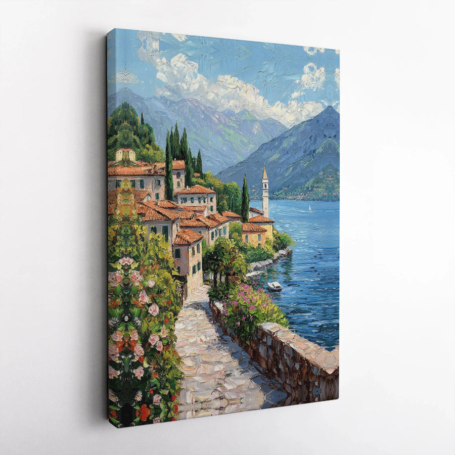Italian Lakeside Village Canvas Wall Art | Vibrant Impressionist Landscape Print | Premium Gallery Wrapped Canvas | Living Room Decor Gift for Traveler