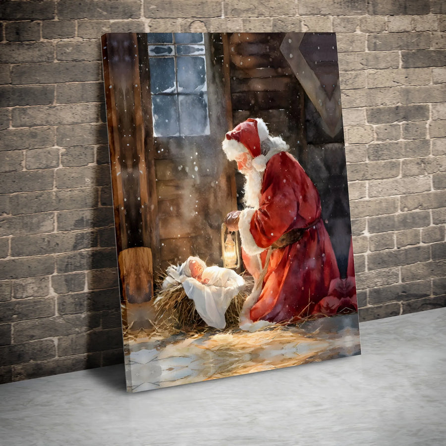 Santa Kneeling At Nativity Canvas Art | Baby Jesus Manger Scene | Premium 1.25" Gallery Wrap | Religious Christmas Home Decor Gift