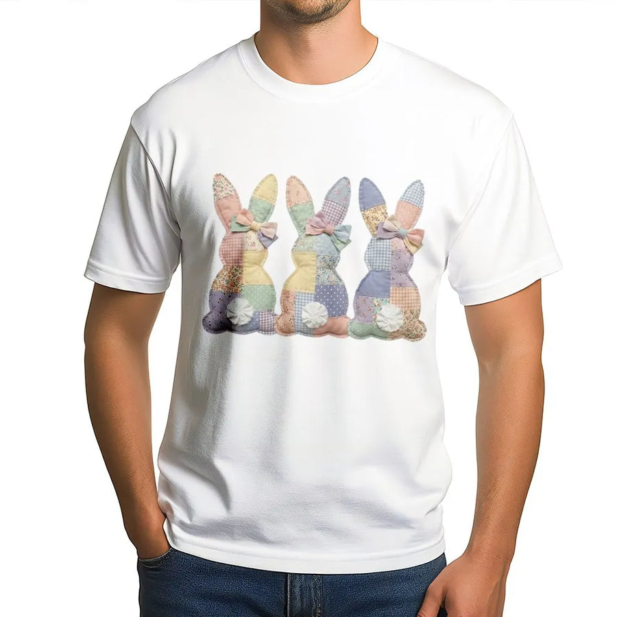 Patchwork Easter Bunnies T-Shirt | Rustic Floral Rabbit Graphic Tee | Soft 100% Cotton Premium Quality | Cute Spring Holiday Gift for Women