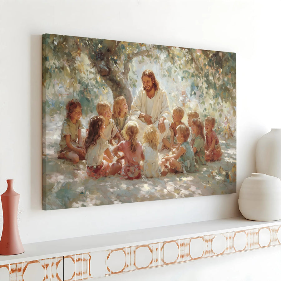 Jesus Teaching Children Canvas Wall Art | Religious Christian Painting | Gallery Wrap Wooden Frame | Inspirational Home Decor Gift