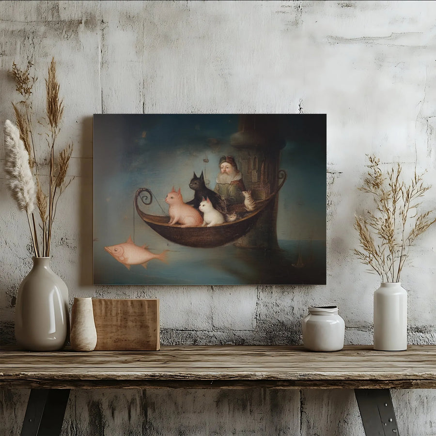 Surreal Cat Painting Canvas Wall Art | Renaissance Style Wizard and Cats in Boat | Premium Canvas Print | Unique Home Decor Gift for Cat Lovers