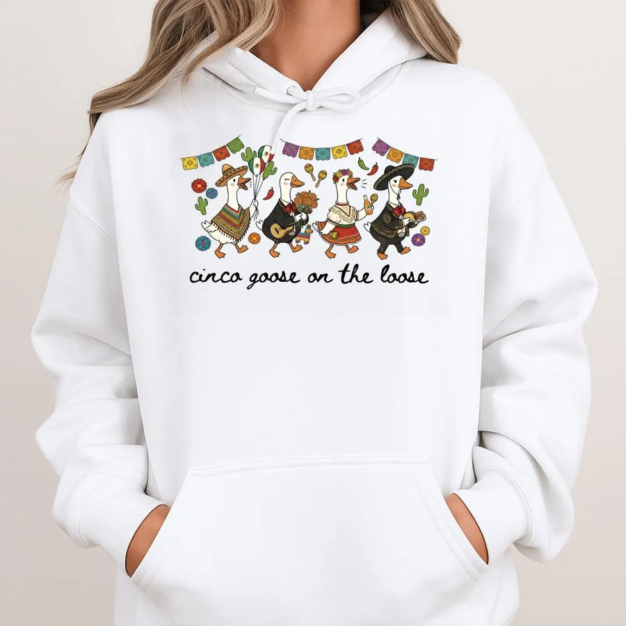 Funny Cinco de Mayo Hoodie | Cinco Goose On The Loose Pun Graphic | Premium Cotton Tee | Mexican Fiesta Party Gift for Tequila Lovers