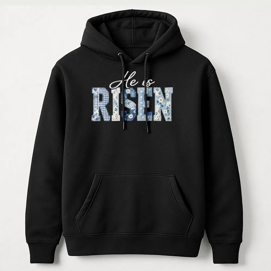 He Is Risen Hoodie | Blue Toile Patchwork Print Design | Soft Cotton Blend | Easter Gift for Christian Women