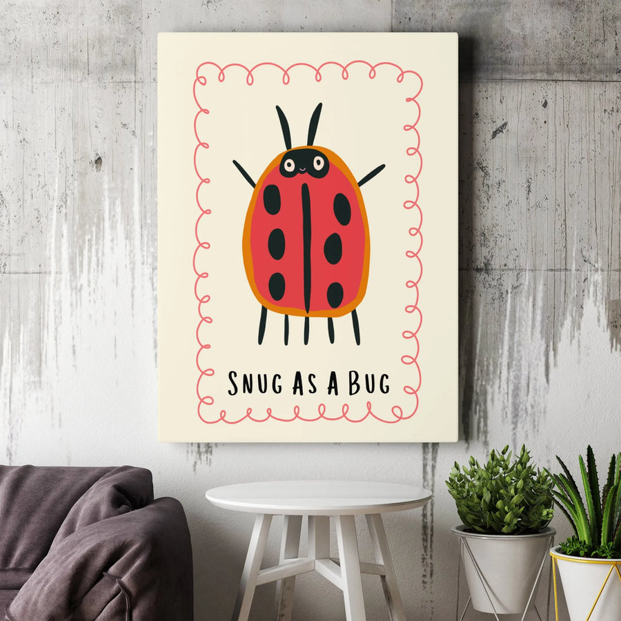 Snug As A Bug Nursery Wall Art | Cute Cartoon Ladybug Illustration | Gallery Wrapped Canvas Print | Whimsical Gender Neutral Baby Room Decor