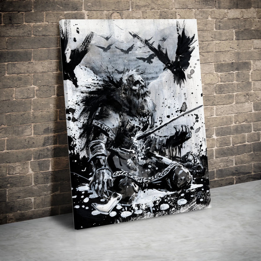 Viking Warrior Canvas Wall Art | Fallen King With Ravens Ink Splatter | Premium Fade-Resistant Print | Norse Mythology Decor Gift