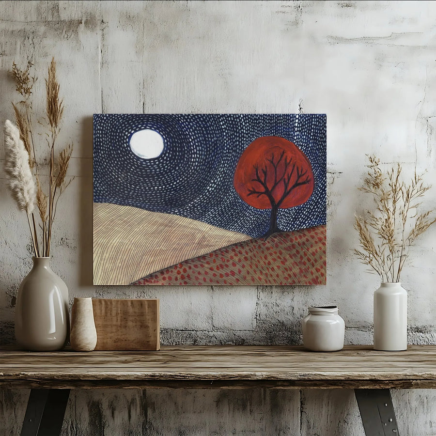 Red Tree and Moon Canvas Print | Folk Art Style Night Landscape | Premium Thick Gallery Canvas | Modern Home Decor Gift
