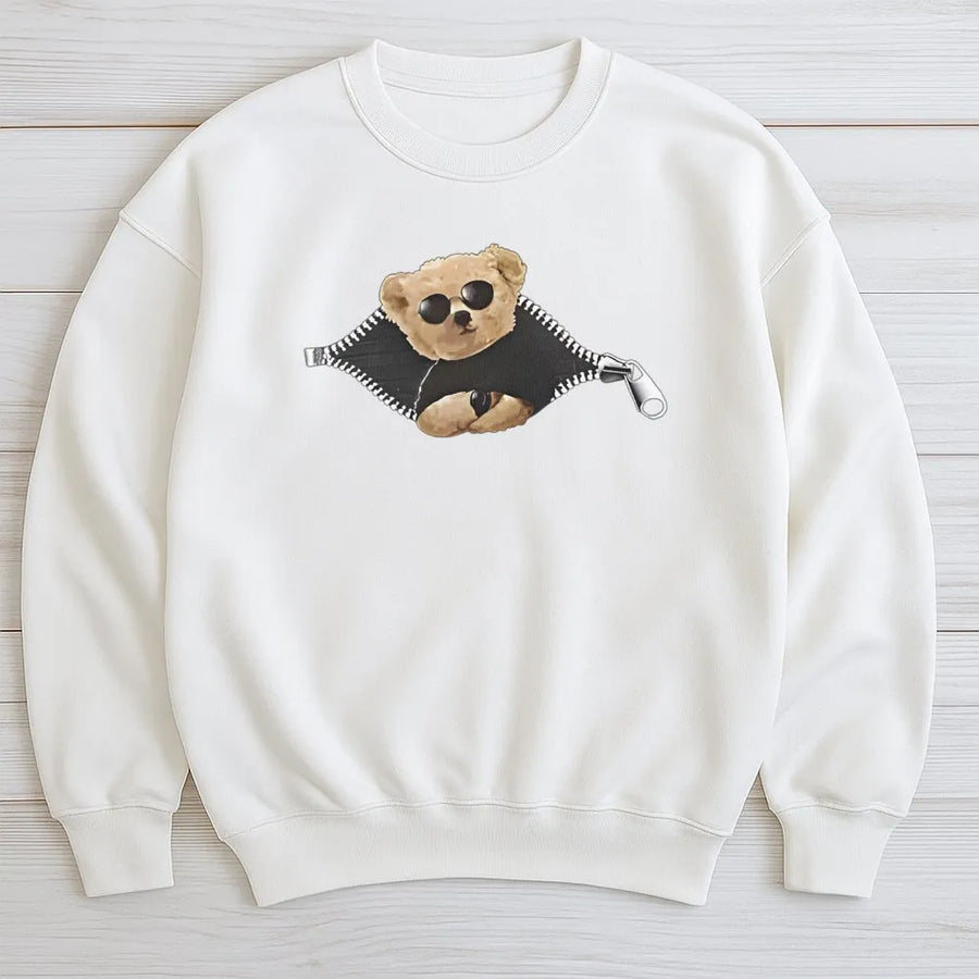 Cool Teddy Bear Sweatshirt | Zipper Graphic Design | Premium Cotton Blend | Cozy Unisex Pullover Gift for Animal Lovers