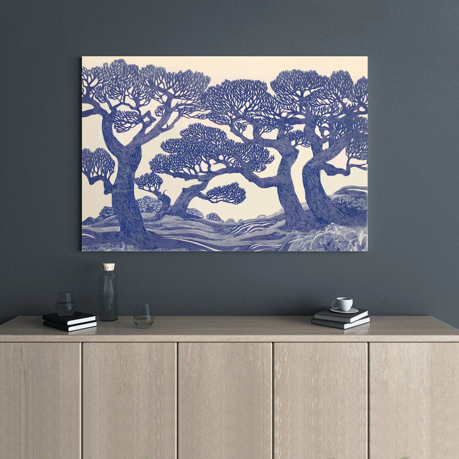 Blue Forest Canvas Wall Art | Gnarled Tree Linocut Print | Premium 1.25” Gallery Wrap | Modern Nature Decor for Living Room Office