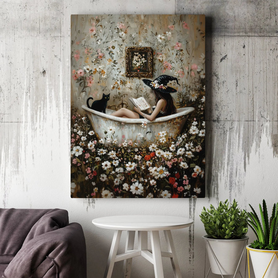 Floral Witch Canvas Print | Black Cat Reading in Flower Bathtub Art | Vintage Oil Painting Style | Cottagecore Home Decor Gift