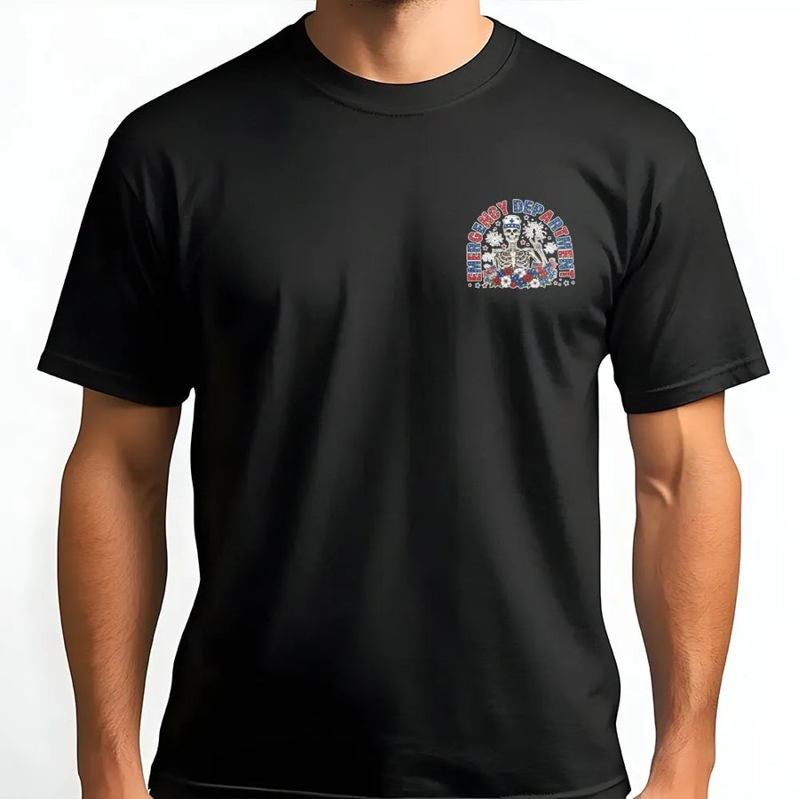 Emergency Department T-Shirt | Patriotic Skeleton Graphic | Soft Cotton Blend | Premium Gift for ER Nurse or Doctor