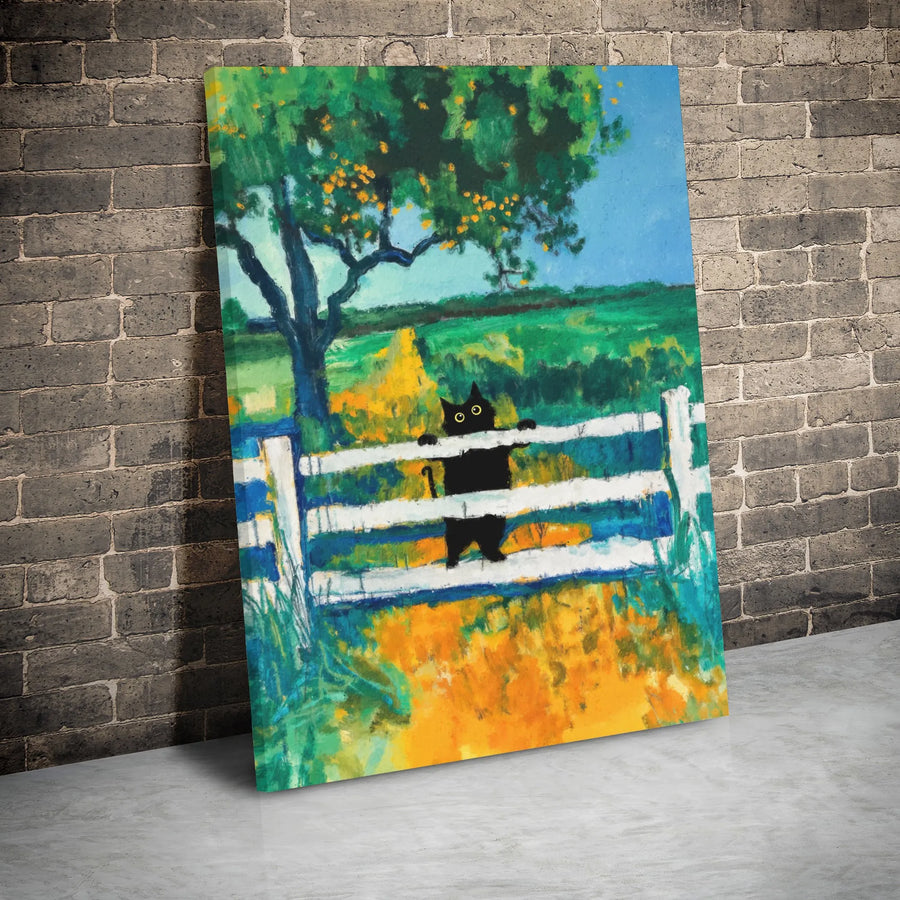 Black Cat Wall Art | Whimsical Farmhouse Fence Painting | Premium Stretched Gallery Wrap Canvas | Gift for Cat Lovers & Country Decor Enthusiasts