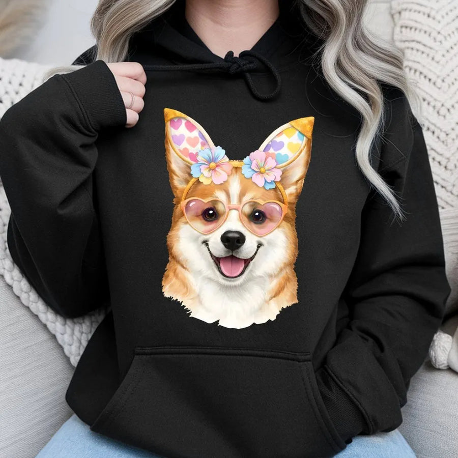 Cute Corgi Easter Hoodie | Dog with Bunny Ears & Heart Glasses | Soft Cotton Graphic Tee | Gift for Corgi Mom & Dog Lovers