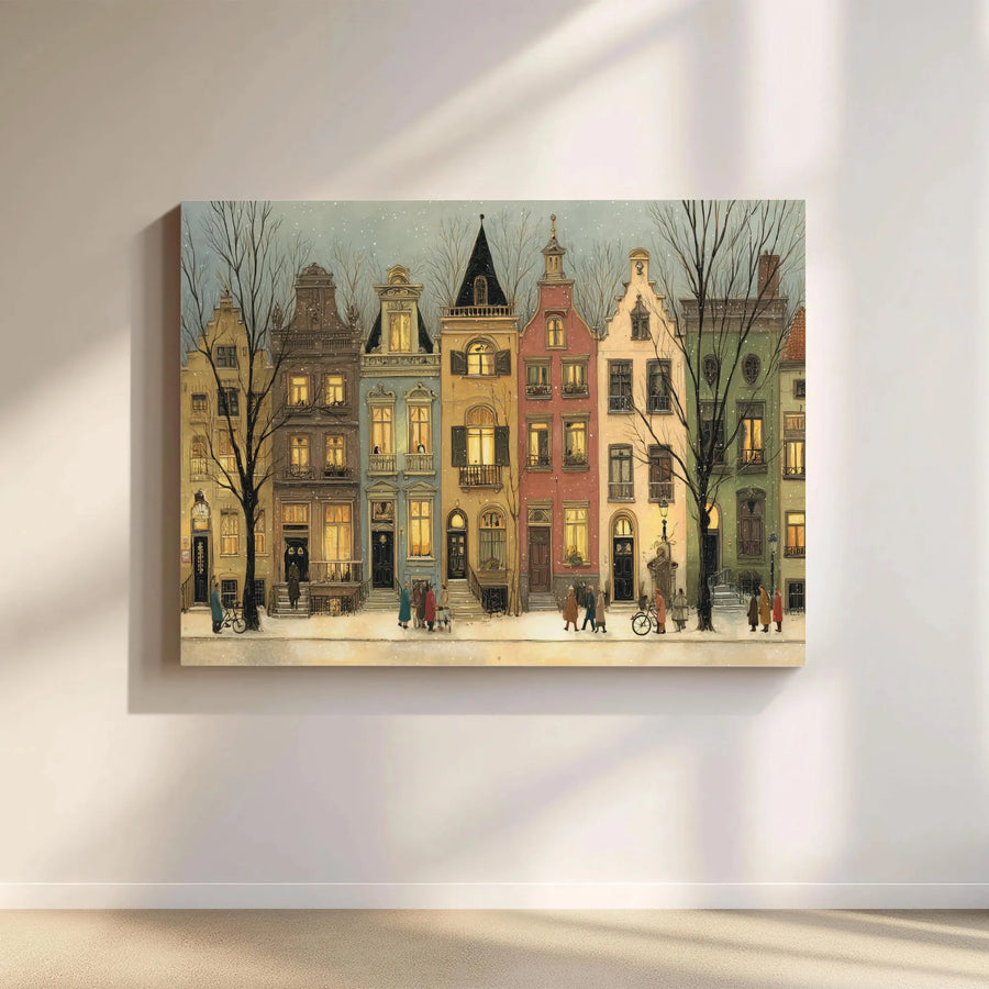 Vintage Amsterdam Winter Townhouses Horizontal Canvas | Cozy Snowy Street & Glowing Windows Illustration | Premium 1.25 Inch Gallery Wrap Wall Art | Charming Holiday Home Decor Gift