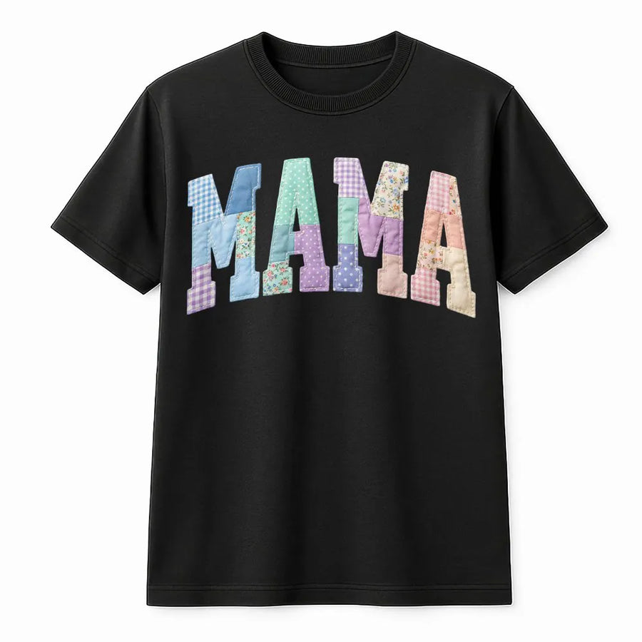 Floral Mama T-Shirt | Faux Patchwork Varsity Letters | Cozy Cotton Blend | Cute Cottagecore Gift for Mom
