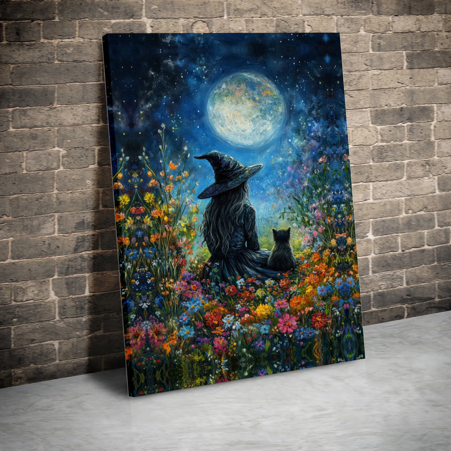 Witch and Black Cat Wall Art | Full Moon Wildflower Meadow Painting | Gallery Wrapped Premium Canvas | Whimsical Witchcraft Decor for Home
