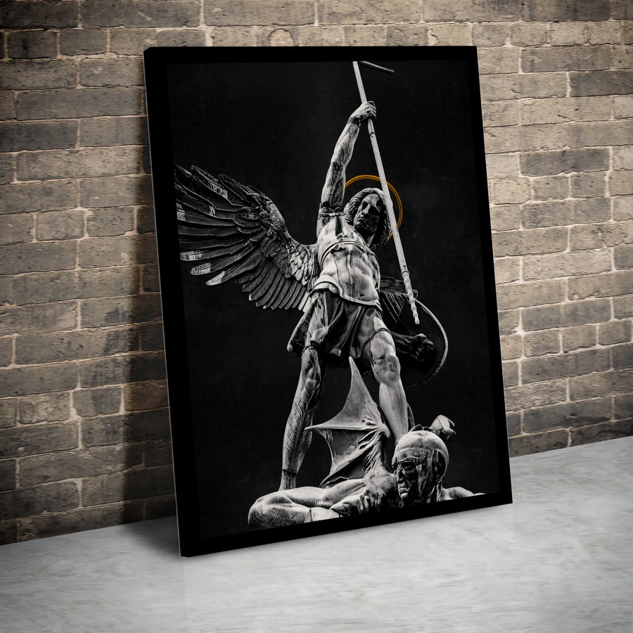 Archangel Michael Canvas Print | St Michael Defeating Satan Statue Wall Art | Premium 1.25" Gallery Wrap | Religious Home Decor Gift