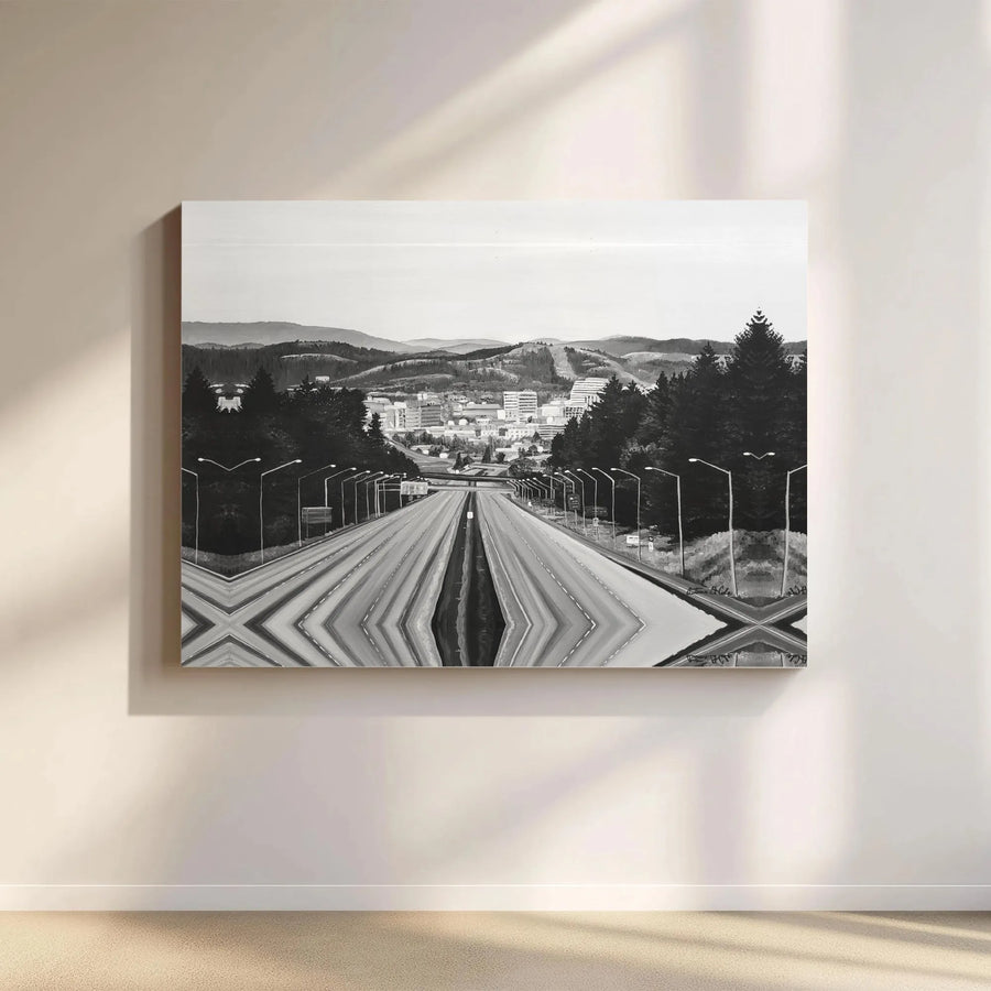 Black and White Cityscape Canvas Print | Mirrored Highway Surreal Art | 1.25 Inch Gallery Wrap | Modern Home Office Decor Wall Art