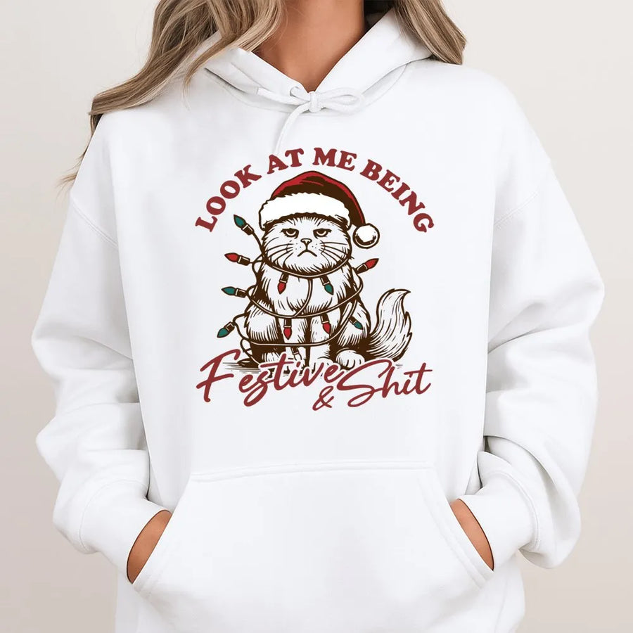 Funny Cat Christmas Hoodie | Festive Grumpy Kitty Graphic | Soft Cotton-Blend Premium Apparel | Sarcastic Holiday Gift for Cat Lovers