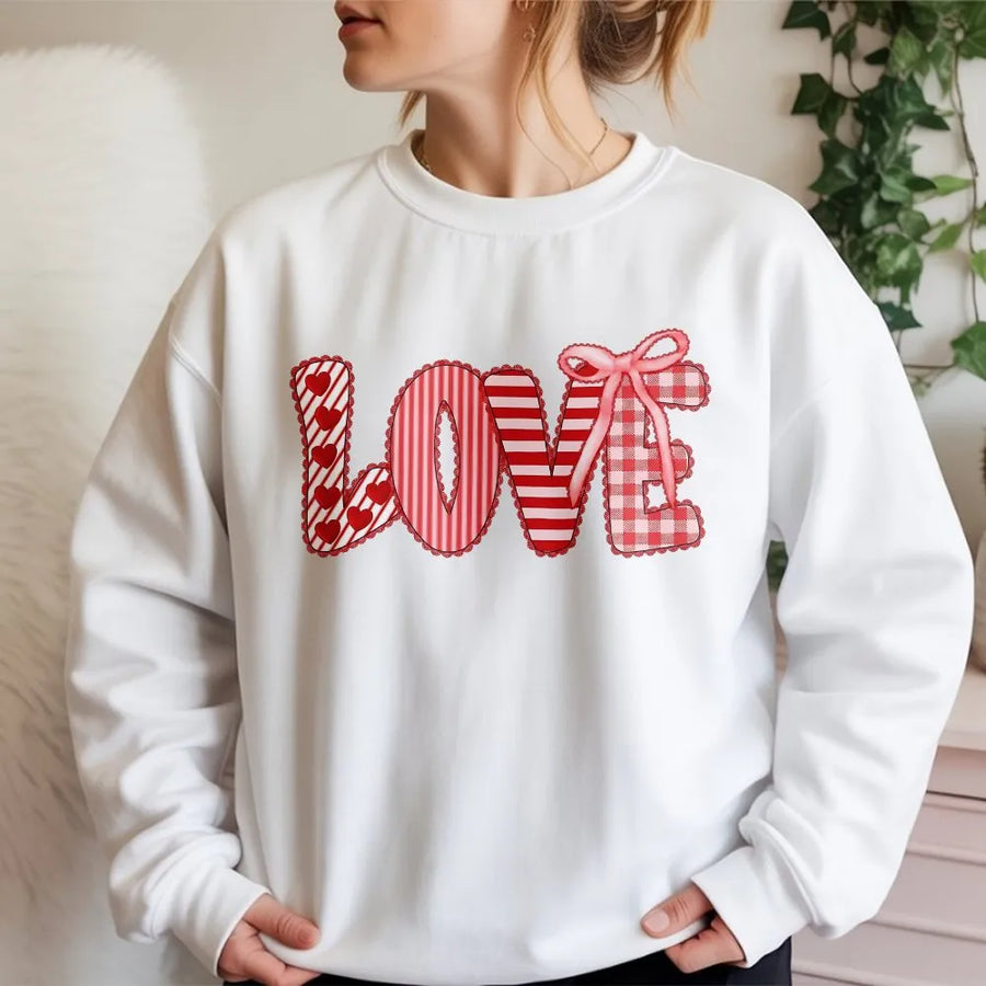Love Valentine Sweatshirt | Patchwork Heart Gingham Bow Graphic | Premium Soft Cotton Blend | Romantic Gift for Her & Couples