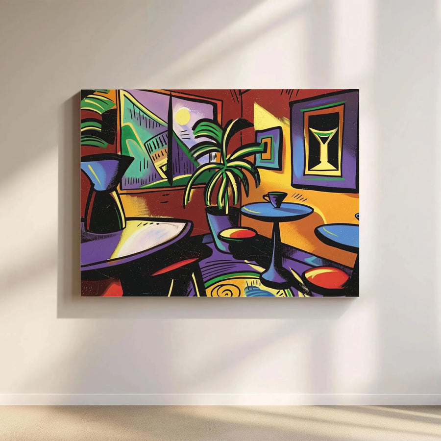 Abstract Cafe Interior Canvas Print | Modern Cubist Martini Bar Wall Art | Premium Gallery-Wrapped Decor | Vibrant Gift for Coffee Lovers