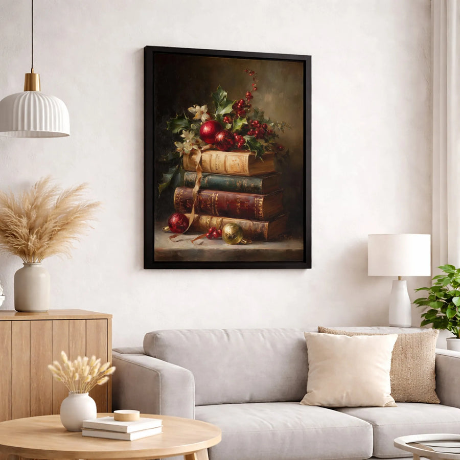 Christmas Still Life Canvas Print | Vintage Books And Holly Berries | Premium Fade-Resistant Wall Art | Festive Holiday Home Decor Gift