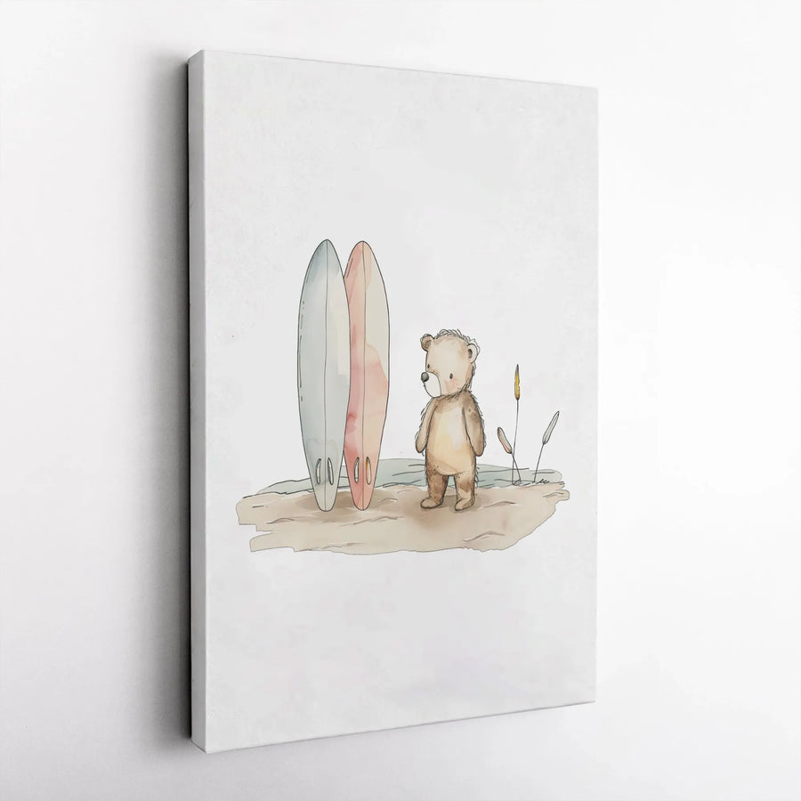 Beach Bear Canvas Wall Art | Watercolor Teddy Bear with Surfboards | Premium Gallery-Wrapped Print | Nursery Decor and Coastal Gift