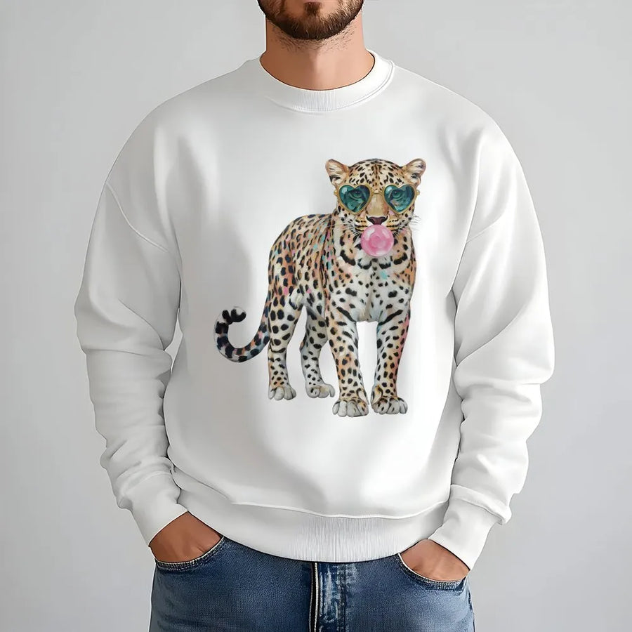 Leopard Bubblegum Sweatshirt | Cute Animal Print with Heart Sunglasses | Soft Cozy Pullover | Unisex Gift for Leopard Lovers