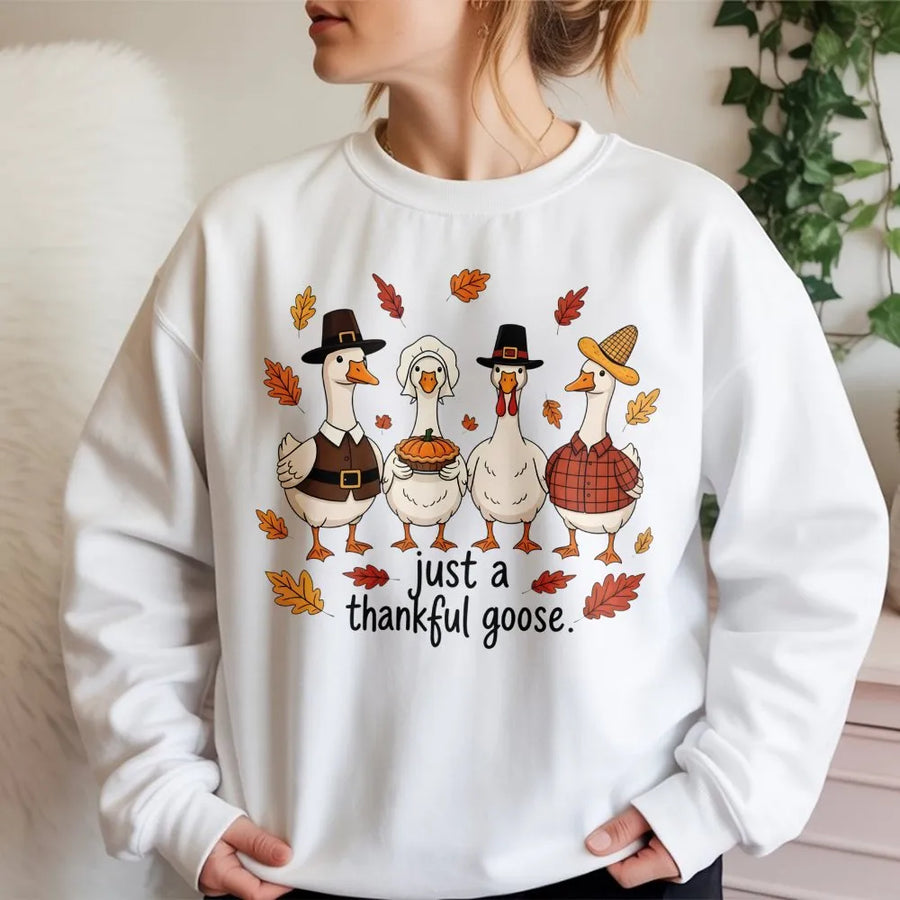 Thankful Goose Sweatshirt | Funny Thanksgiving Pilgrim Bird Graphic | Premium Cotton Blend | Cute Fall Harvest Gift for Women & Men