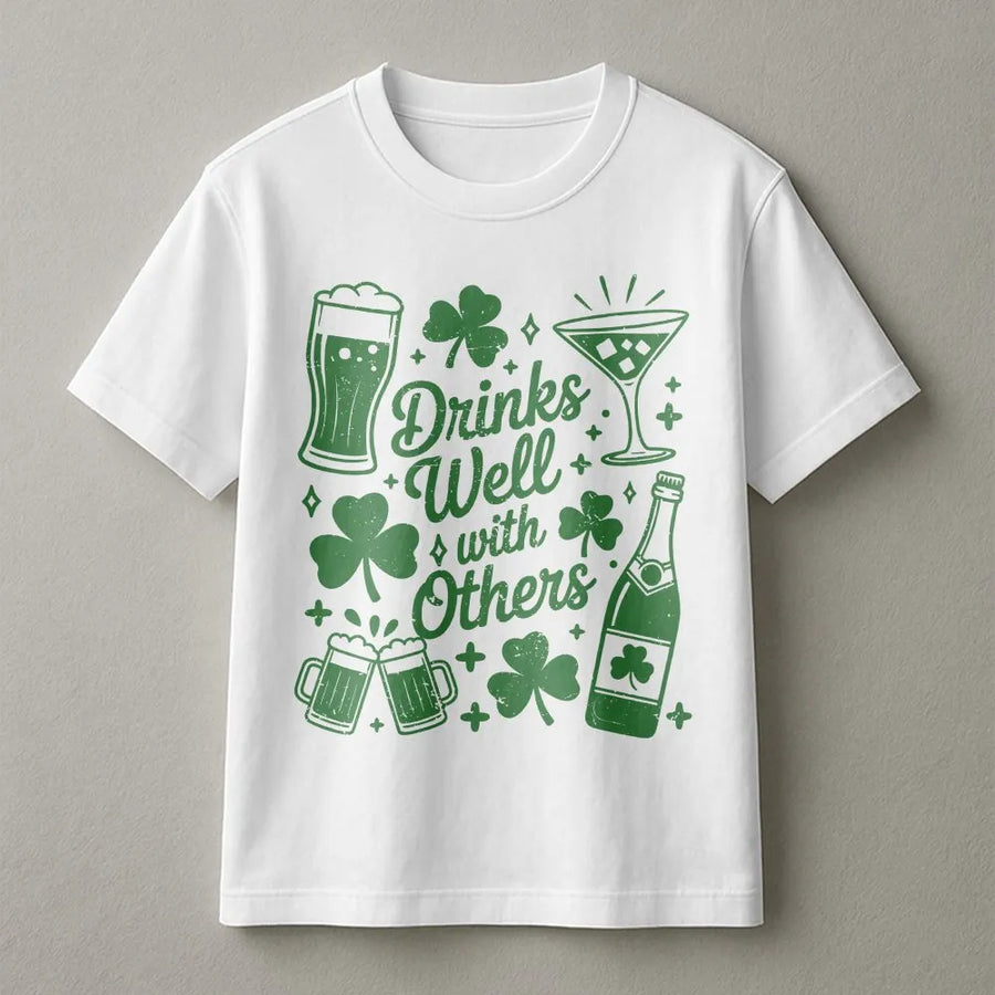 Funny St Patricks Day T-Shirt | Drinks Well With Others Graphic | Cozy Crewneck Pullover | Unisex Irish Pub Crawl Gift
