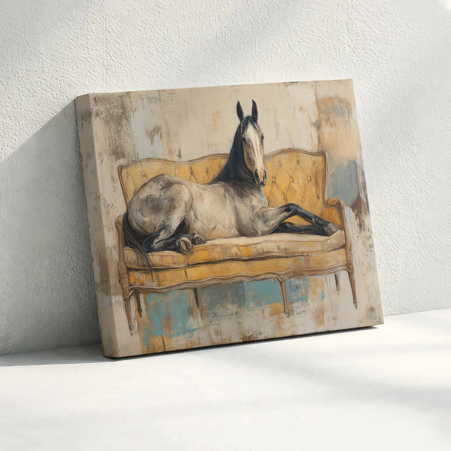 Horse Canvas Wall Art | Whimsical Dapple Gray Horse on Yellow Sofa | Premium Gallery Wrap Canvas | Unique Farmhouse Decor Gift for Horse Lover
