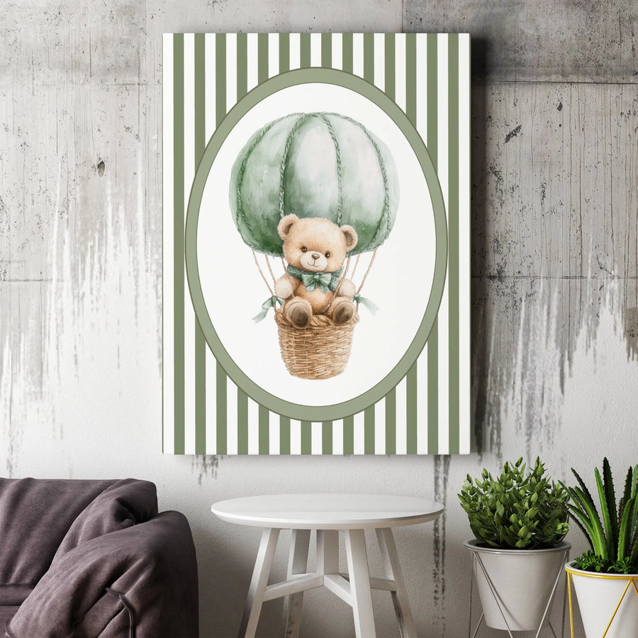 Teddy Bear Hot Air Balloon Canvas Wall Art | Watercolor Nursery Print with Green Stripes | Premium Gallery Wrapped Canvas | Kids Room Decor Baby Shower Gift