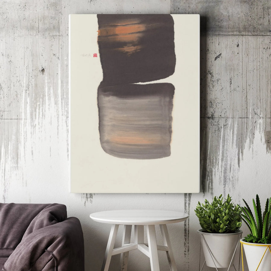 Abstract Japanese Ink Wash Vertical Canvas | Sumi-e Inspired Block Design | Premium Thick Gallery Wrap Canvas | Modern Home Decor Gift