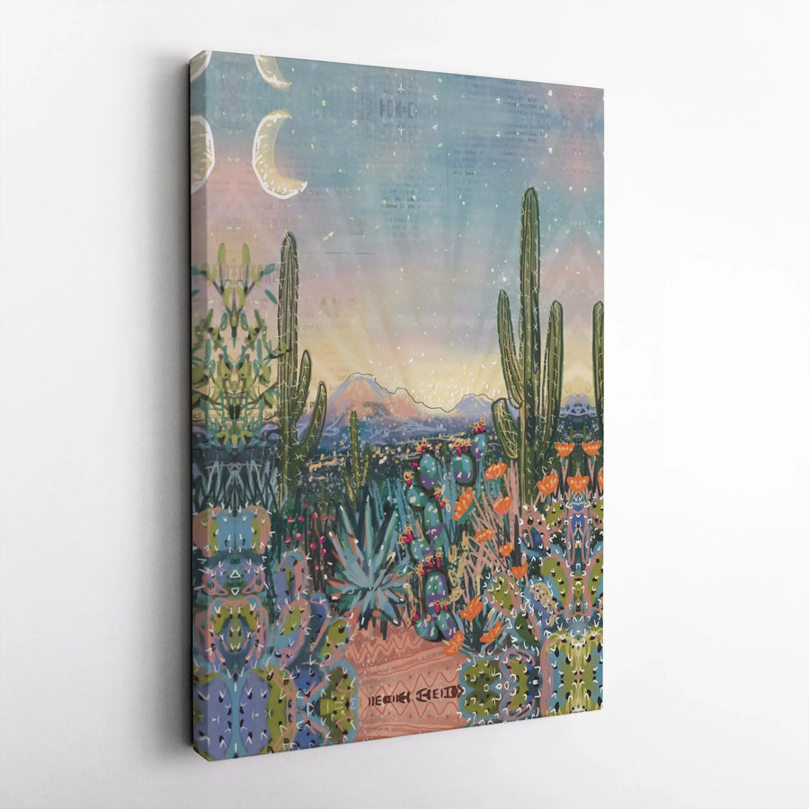 Boho Southwestern Desert Canvas Art | Cactus Landscape With Celestial Moons | Premium 1.25" Gallery Wrap | Western Home Decor Gift