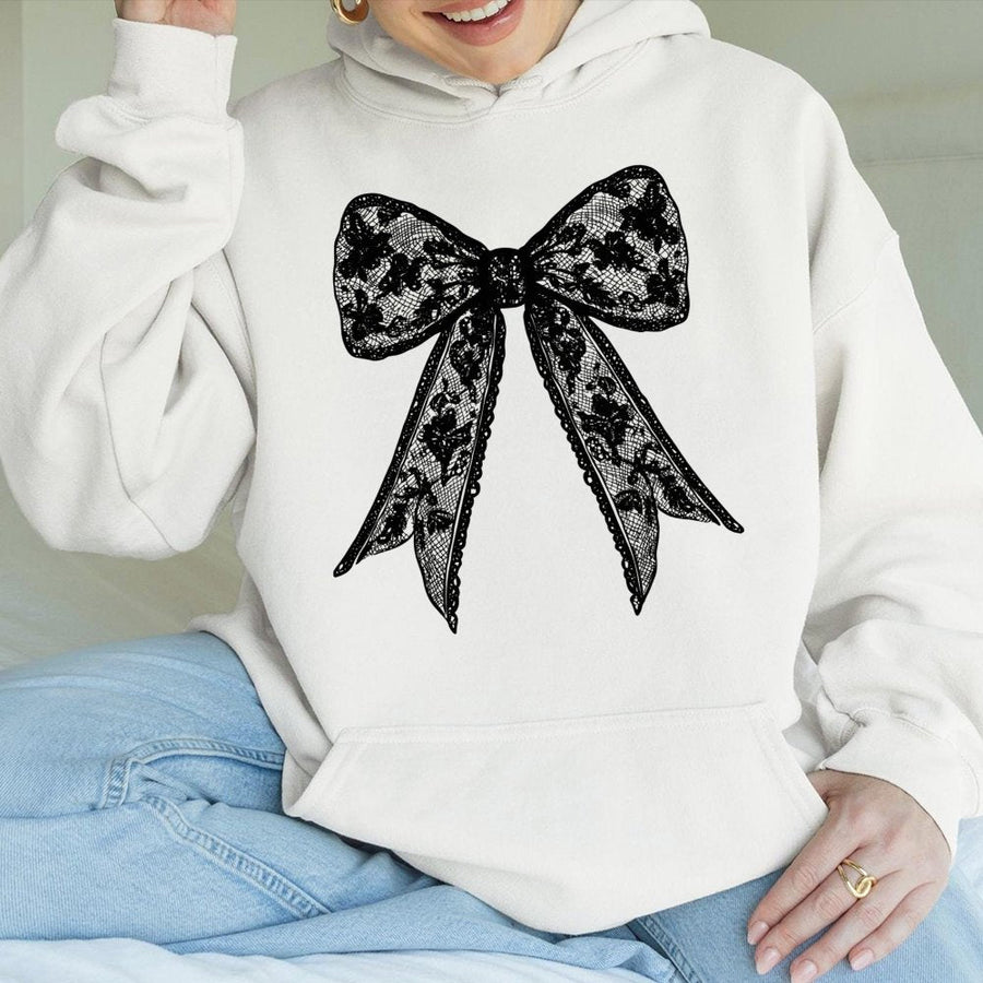 Coquette Lace Bow Hoodie | Aesthetic Floral Ribbon Graphic | Premium Cotton Blend Pullover | Cute Cottagecore Gift for Her