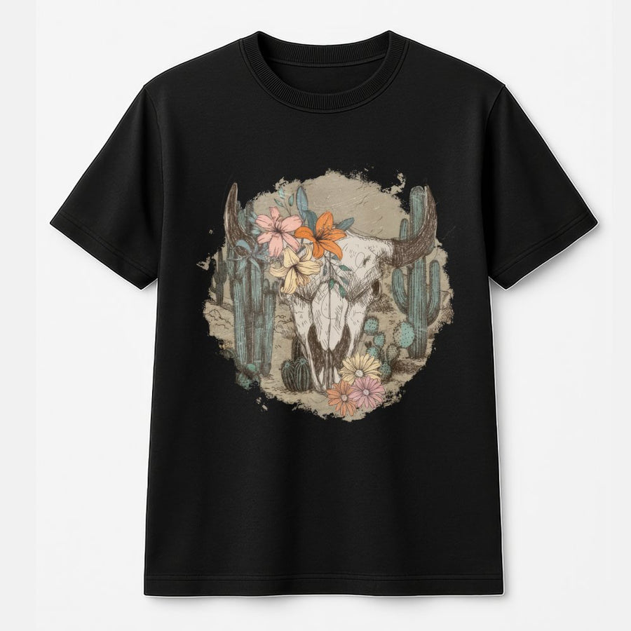 Western Cow Skull T-Shirt | Floral Desert Cactus Graphic | 100% Cotton Premium Tee | Boho Country Style Gift for Women & Cowgirls