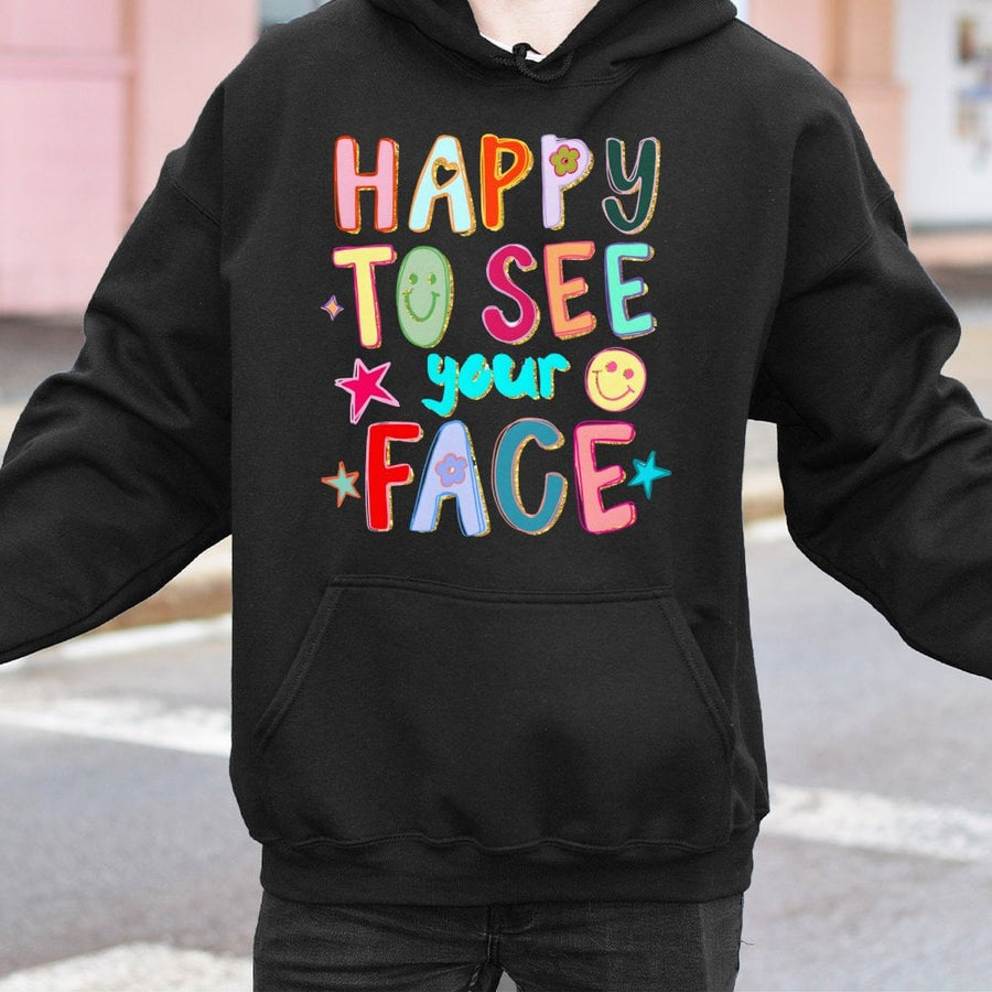 Happy To See Your Face Hoodie | Retro Groovy Smiley Graphic Print | Premium Cotton-Poly Blend | Cute Positive Vibes Gift For Her