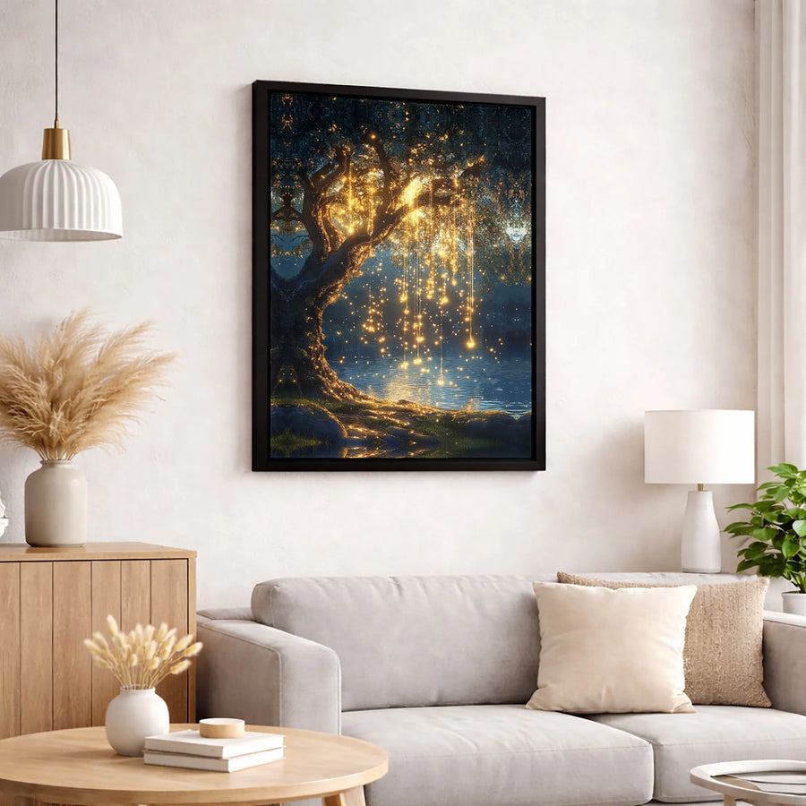 Magical Tree Canvas Print | Cascading Golden Fairy Lights Wall Art | Premium Fade-Resistant Gallery Decor | Enchanting Nature Home Decor Gift