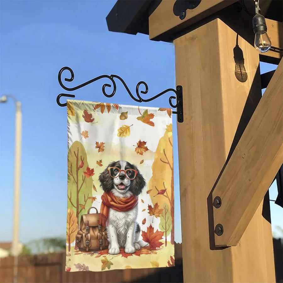 Autumn Dog Garden Flag | Scholarly Puppy with Falling Leaves | Double Sided Premium Polyester | Seasonal Yard Decor Gift for Dog Lovers
