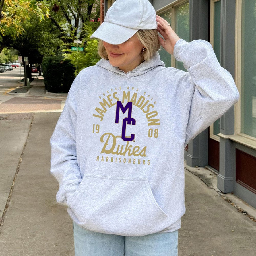 Purple And Gold James Madison 1908 Dukes Harrisonburg With Mc Logo Hoodie