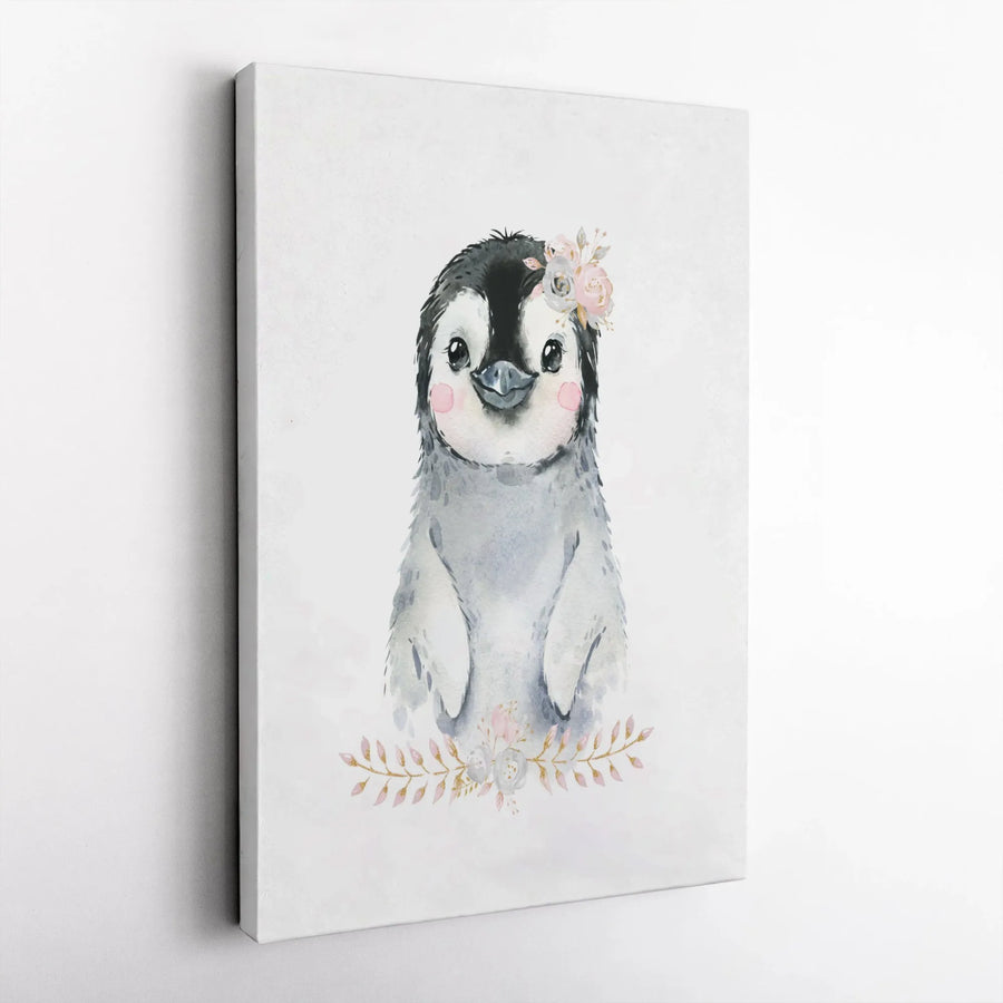 Baby Penguin Canvas Wall Art | Watercolor Floral Crown Animal Portrait | Premium 1.25-Inch Gallery Wrap | Nursery & Childrens Room Decor