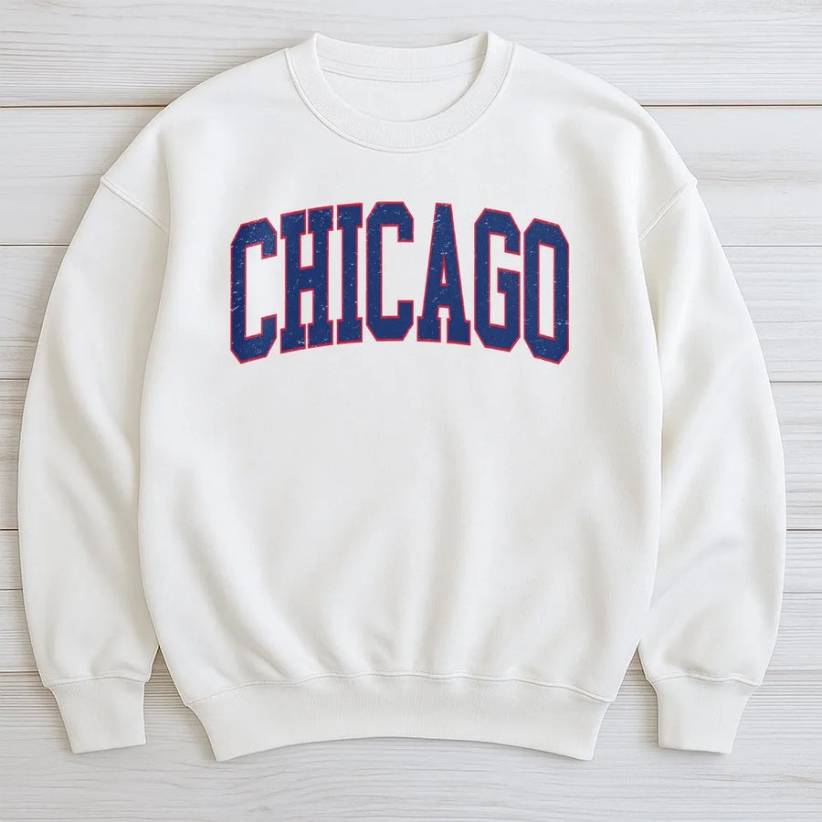 Vintage Chicago Sweatshirt | Distressed Varsity Font Crewneck | Soft Cotton Blend Pullover | Illinois Souvenir Gift for Men and Women