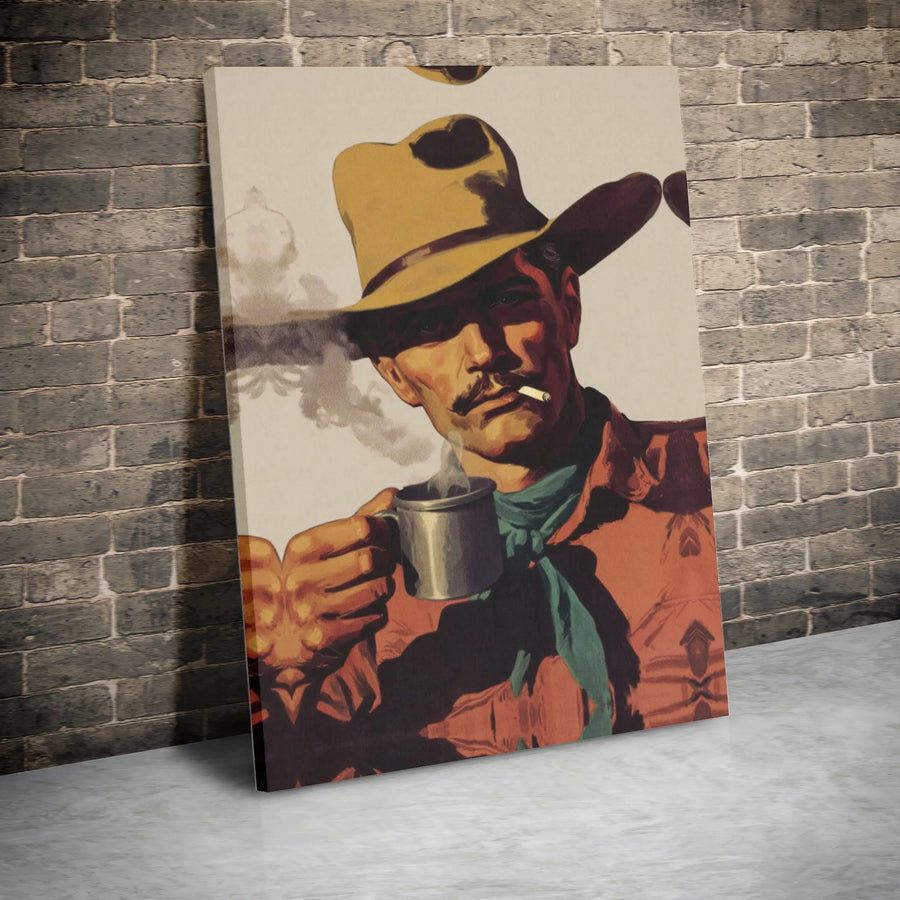 Vintage Cowboy Canvas Wall Art | Smoking Gunslinger Drinking Coffee Portrait | Premium Fade-Resistant Gallery Wrap | Western Home Decor Gift