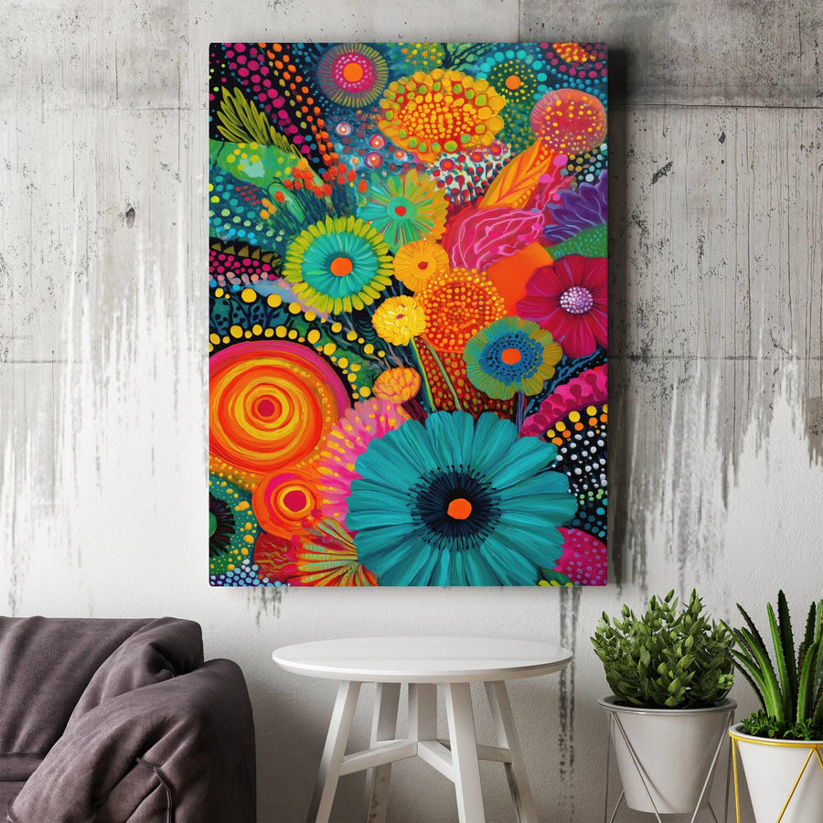 Abstract Floral Vertical Canvas | Vibrant Folk Art Flower Painting | Premium Gallery Wrapped Canvas | Modern Bohemian Wall Decor Gift