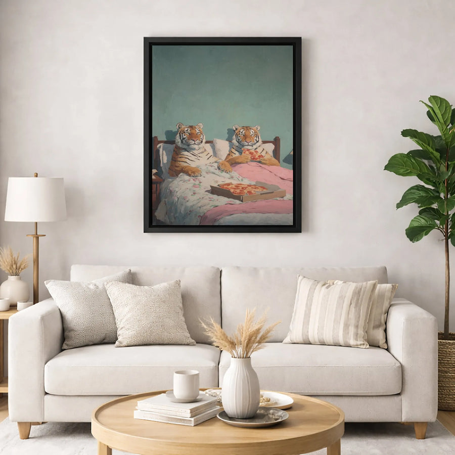 Tigers Eating Pizza In Bed Canvas Wall Art | Whimsical Animal Portrait | Gallery-Quality Fade-Resistant Print | Funny Bedroom Decor Gift