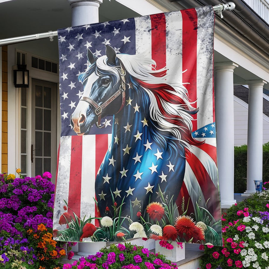 American Horse Garden Flag | Patriotic Stallion Red White Blue Floral Design | Premium Fade-Resistant Polyester | Outdoor Garden Decor Gift for Horse Lovers