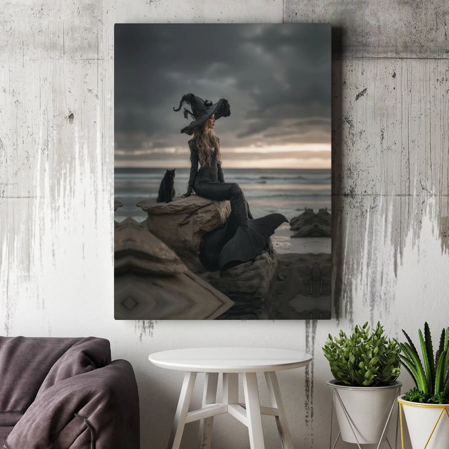 Gothic Mermaid Canvas Print | Dark Fantasy Witch with Black Cat Art | 1.25" Premium Gallery Wrapped | Spooky Coastal Home Decor Gift